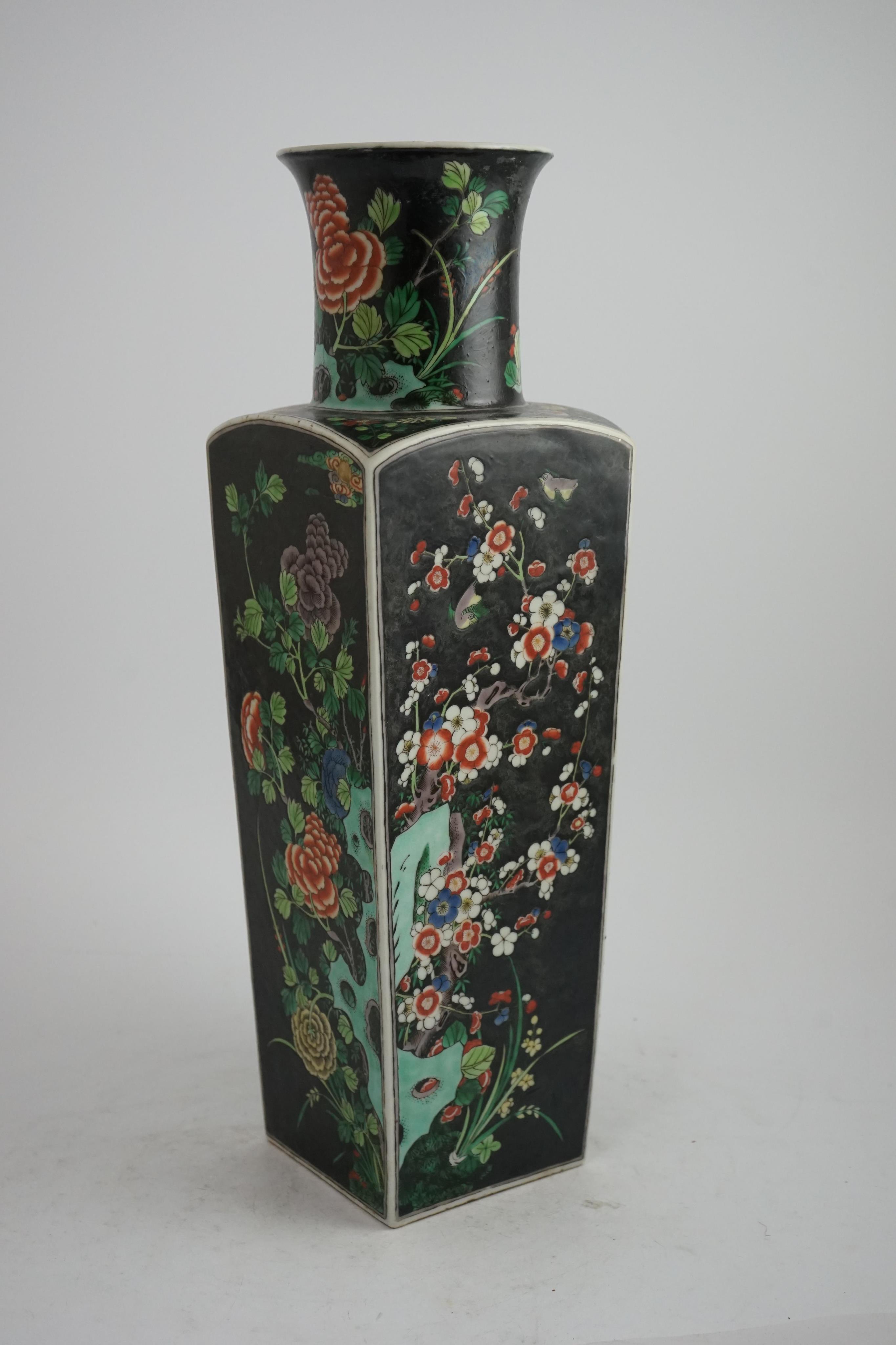 A large Chinese famille noire square baluster vase, 19th century in Kangxi style